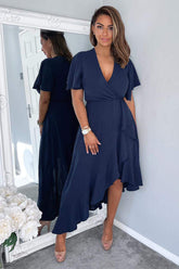 Navy Wrap Over Top Frill Hem Midi Dress