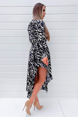 Black Animal Print High Low Skirt Midi Dress