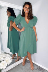 Duck Egg Wrap Over Tie Midi Dress