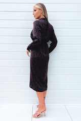 Plum Animal Print Long Sleeve Wrap Midi Dress With Gold Buttons