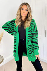 Green And Black Fluffy Knit Long Sleeve Animal Print Cardigan
