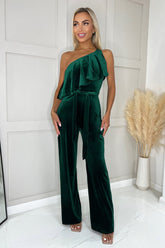 Teal Velvet One Shoulder Frill Belted Jumpsuit