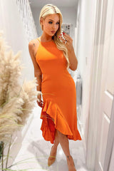 Blood Orange Racer Neck High Low Frill Hem Midi Dress