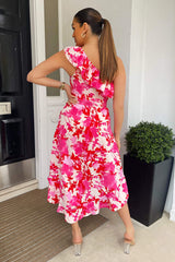 Pink Floral One Shoulder Frill Detail Dipped Hem Dress