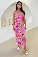 Pink Tropical Print Cowl Neck Ruched Side Strappy Midi Dress
