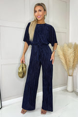 Navy Wide Sleeve Tie Waist Plisse Jumpsuit