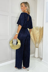 Navy Wide Sleeve Tie Waist Plisse Jumpsuit