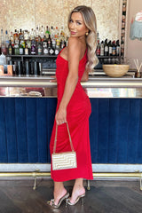 Red One Shoulder Knot Skirt Midi Dress