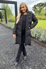 Black Hooded Long Line Puffer Coat