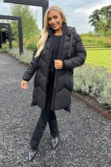 Black Hooded Long Line Puffer Coat