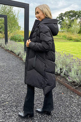 Black Hooded Long Line Puffer Coat