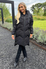Black Hooded Long Line Puffer Coat