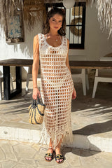Cream Open Stitch Crochet Tassel Midi Dress