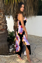 Black And Lilac Floral Print Strappy Slip Midi Dress