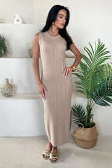 Biscuit Knitted Side Split Hem Midi Dress
