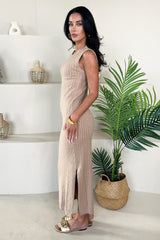 Biscuit Knitted Side Split Hem Midi Dress