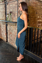 Dark Teal One Shoulder Gathered Skirt Midi Dress