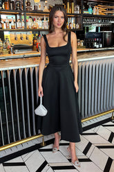 Black Square Neck A-line Midi Dress