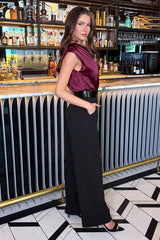 Dark Plum 2 in 1 Draped Neck Belted Wide Leg Jumpsuit