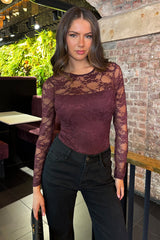 Plum Lace Overlay Long Sleeve Bodysuit