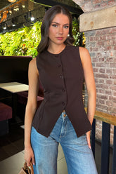 Chocolate Button Front Longline Waistcoat