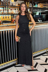 Black Sparkle O-Ring Detail Bodycon Midi Dress