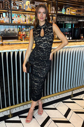 Black Lace Contrast Keyhole Neck Ruched Midi Dress