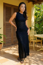 Black Crochet Knit Split Leg Midi Dress