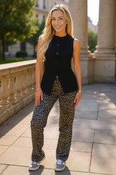 Brown Leopard Print Frayed Hem Straight Leg Jeans