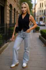 Light Grey Front Pocket Detail High Waist Wide Leg Jeans