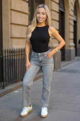 Grey Wash High Waist Straight Leg Jeans