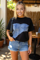 Black Graphic Blue Denim Print T-Shirt