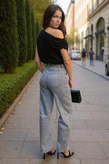 Grey Wash Asymmetric Waist Wide Leg Jeans