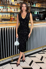 Black Velvet Sequin V Neck Midi Dress