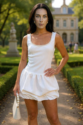 Cream Pearl Neckline Puff Ball Mini Dress