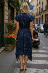 Navy Polka Dot Print Wrap Top Zig Zag Hem Pleated Midi Dress