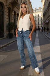 Vintage Wash Asymmetric Waist Wide Leg Jeans