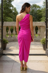 Hot Pink One Shoulder Knot Skirt Midi Dress