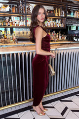 Wine Velvet Knot Detail Wrap Skirt Midi Dress