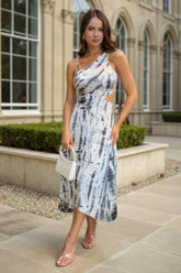 Grey Printed Strap Detail Asymmetric Cut Out Midi Dress