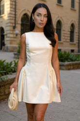 Cream Round Neck Pleated Hip Mini Dress