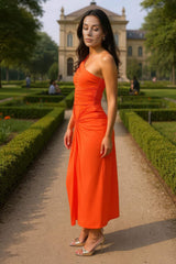 Burnt Orange One Shoulder Knot Skirt Midi Dress