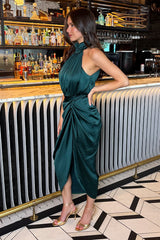 Teal Halter Neck Gathered Skirt Midi Dress