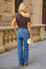 Blue High Waist Frayed Hem Straight Leg Jeans