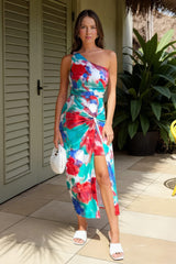 Multi Tie Dye Printed One Shoulder Knot Skirt Midi Dress