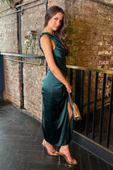 Teal One Shoulder Knot Skirt Satin Midi Dress