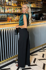 Teal 2 in 1 Draped Neck Belted Wide Leg Jumpsuit