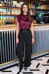Dark Plum 2 in 1 Draped Neck Belted Wide Leg Jumpsuit