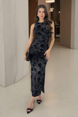 Black And Grey Velour Rose Detail Bodycon Midi Dress