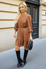 Tan Faux Suede 3/4 Sleeve Frill Hem Belted Mini Dress